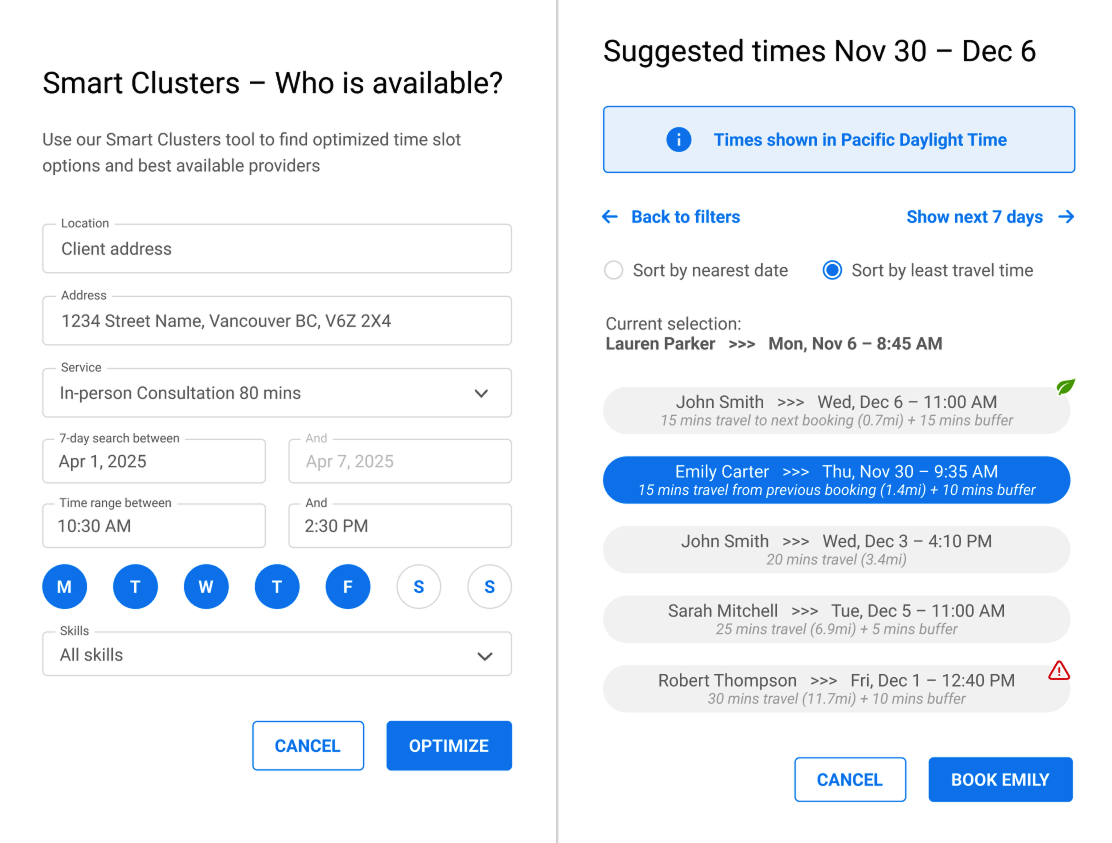 Smart Clusters showing which providers are available for a booking